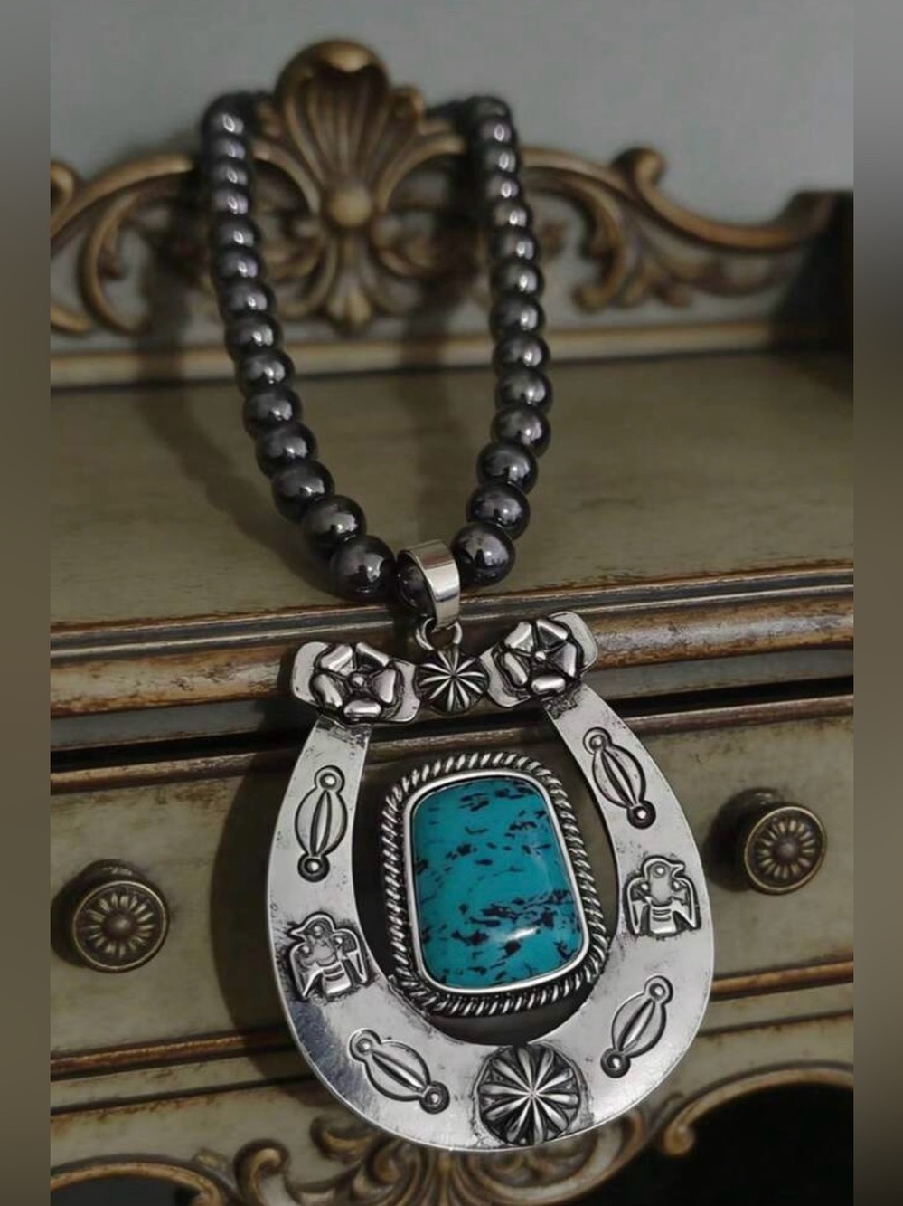 Western Necklace Silver Turquoise Horseshoe Pendant Necklace Cowgirl Necklace